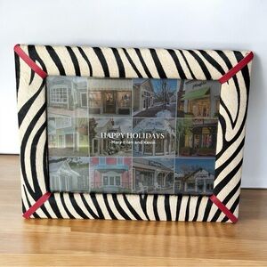 J. McLaughlin Pony Hair Zebra black/off white w/red leather picture frame | 5x7